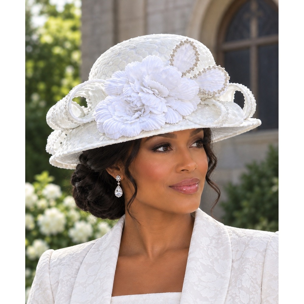 White Velvet Polka Dot Church Hat Rhinestone Pearl Flower Kentucky Derby Hat